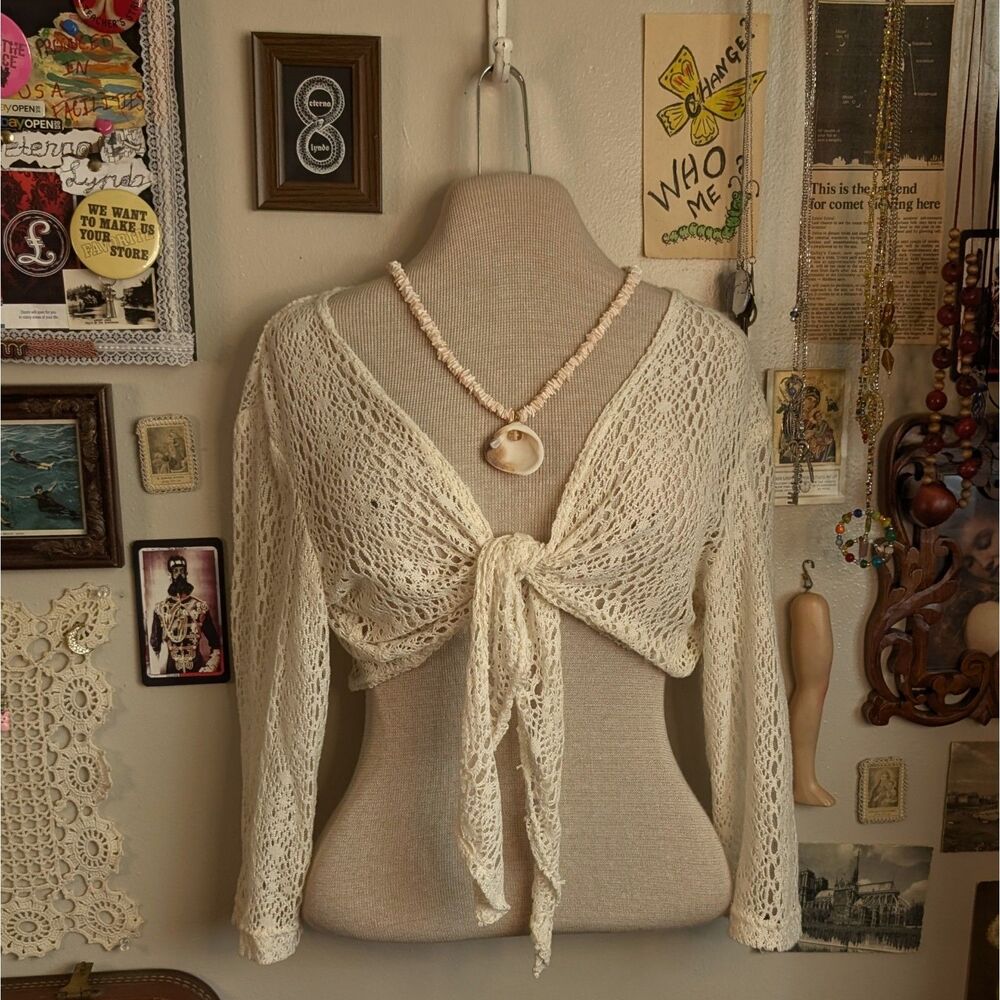 Crochet Knit Cropped Tie Top Cardigan Women's Large/XL Cream